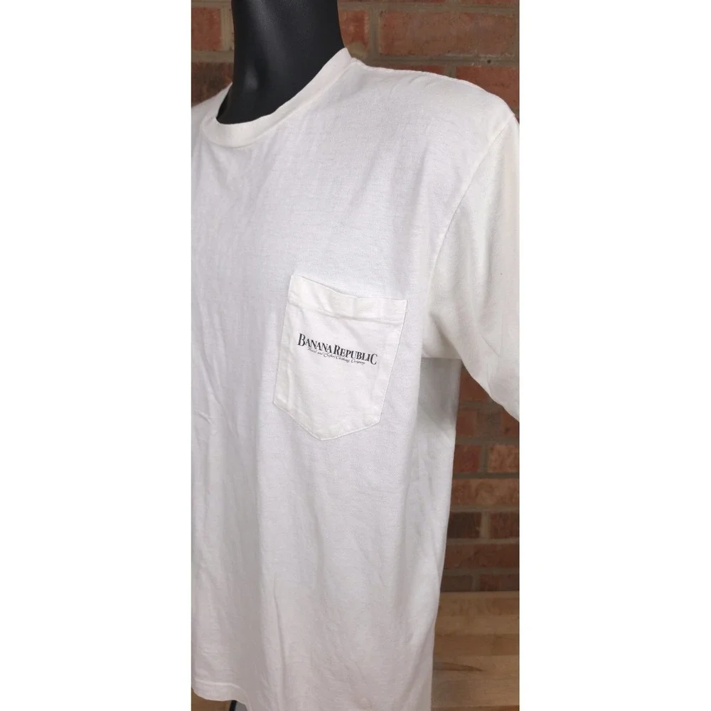 Banana Republic Medium Vintage 80s Pocket T White Shirt Lizard Map Outdoors USA